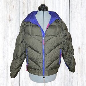 Sierra Designs Vintage Olive Green Puffer Jacket with Purple and Pink Accents